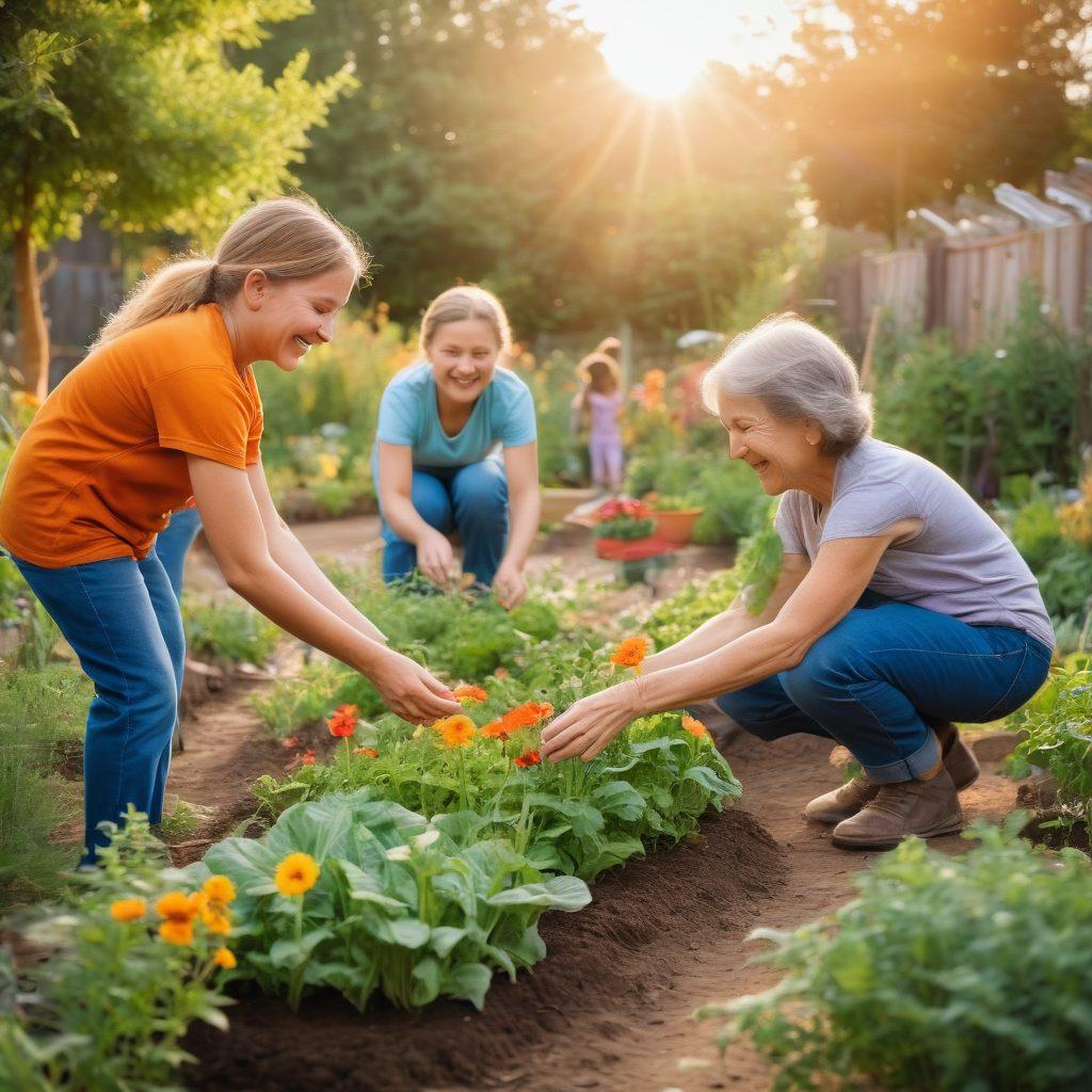 A heartwarming scene of diverse volunteers helping in a community garden, planting flowers and vegetables, with smiles and laughter shared among people of various ages. In the background, a sunset casts a warm glow, symbolizing growth and hope, while children play nearby, illustrating the impact of compassion. The atmosphere is filled with vibrant colors, showcasing a sense of unity and positivity. super-realistic. vibrant colors. warm tones.