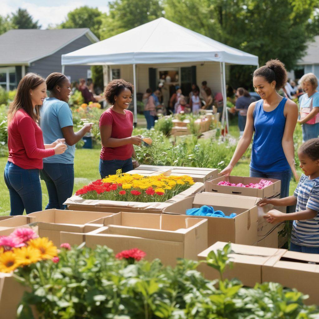 A vibrant community scene showcasing diverse individuals engaged in acts of kindness and support, with a backdrop of colorful homes and a park. Include elements like food drives, volunteering, and friendly neighbors sharing resources. The atmosphere should radiate warmth and unity, emphasizing the theme of neighborly love. super-realistic. vibrant colors.